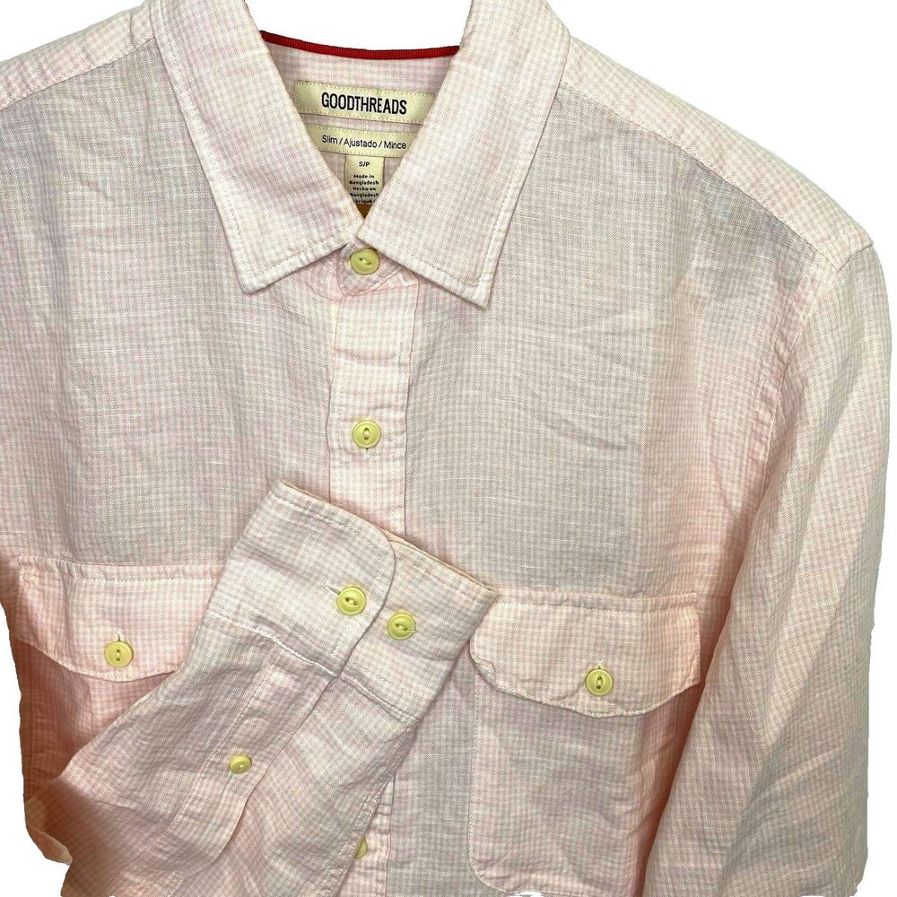 Goodthreads Slim Linen Button-Up Shirt Gingham Check Long Sleeve Mens S Pink